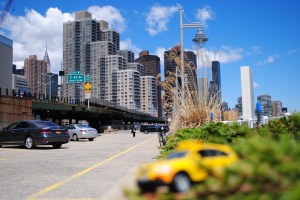 View on UN Building (right) & Chrysler Building (left) from FDR Drive, New York City