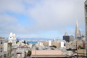 View of the Hilton hotel (right) and Oakland bridge, San Francisco, California